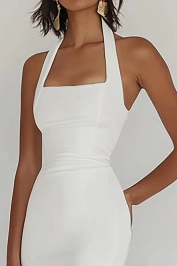 Robe de soirée plissée sirène dos nu blanche